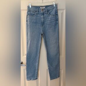 Madewell Classic Straight Leg High Waisted, Stretch Jeans, Light Wash Blue, 26